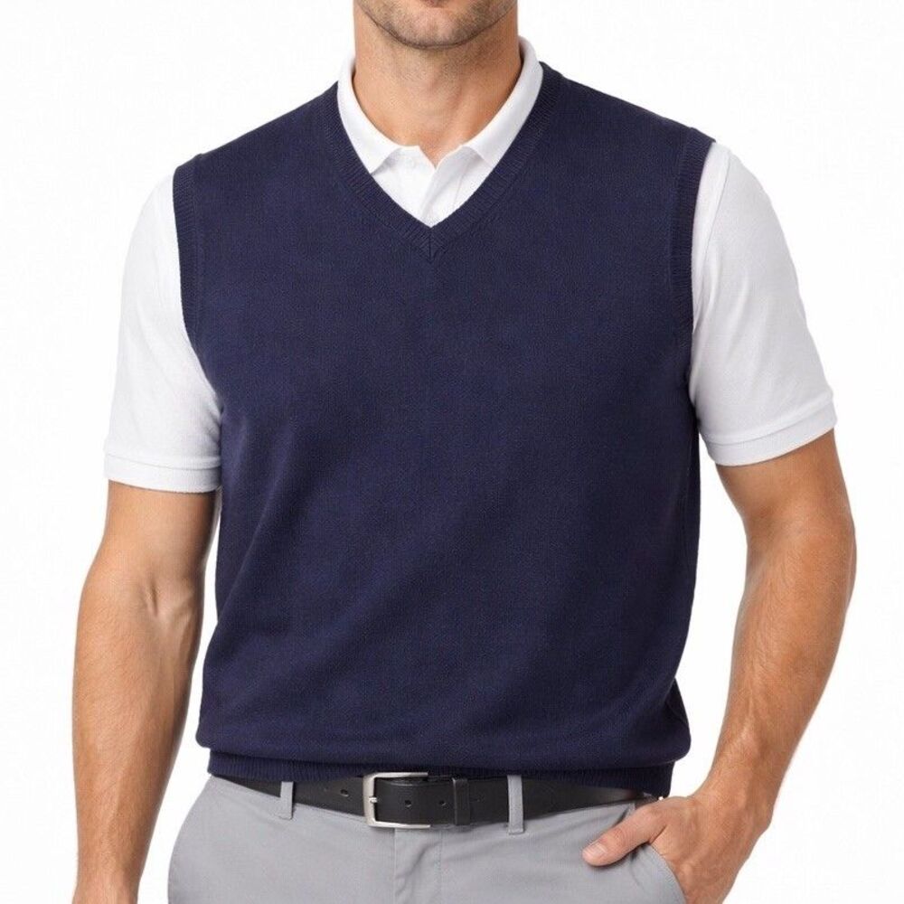 Faconnable Merino Wool Sweater Vest Mens Large Navy V Neck Designer